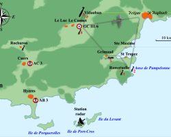 Carte des combats du 15 juin 1940. Le groupe III/6 défendait les installations militaires réparties sur la coté provençale notamment la grande base de Toulon. Les chasseurs français bénéficiaient des radars pour repérer les formations italiennes.