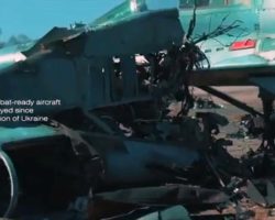 Tirées d’une vidéo destinées à lever des fonds à l’étranger en faveur de l’aviation ukrainienne « qui a perdu des centaines d’avions de combat », ce qui est vraisemblable-ment très exagéré, ces trois vues montrent les MiG-29 de la 114e BrTA détruits au sol à Ivano-Frankivsk dans la nuit du 26 au 27 février 2022.