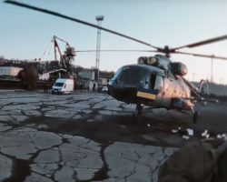 Un des Mi-8 du pont aérien posés sur le port de Marioupol fin mars 2022.